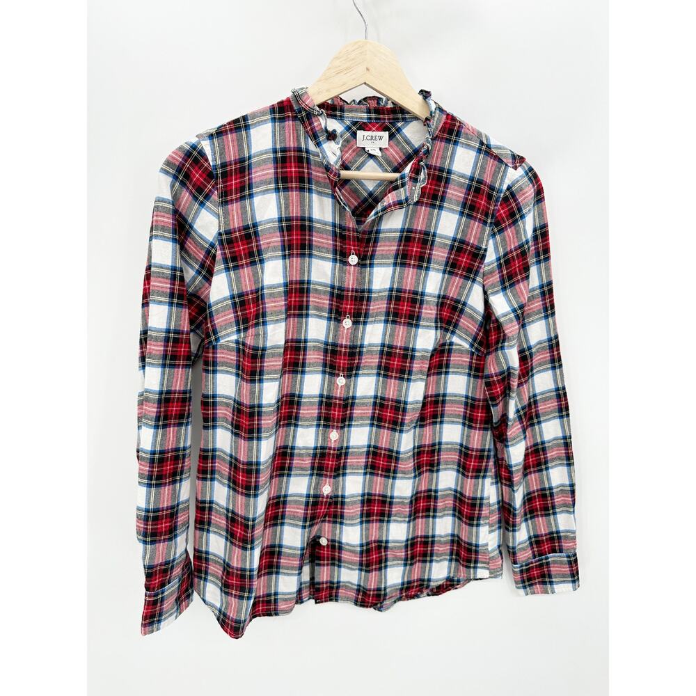 J.Crew‎ Factory Plaid Button Front Shirt Women Sz XS Ruffle Preppy Holiday Party